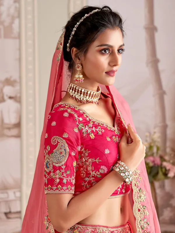 Pink silk bridal syle unstitched lehenga choli
