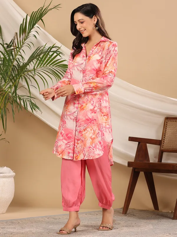 Pink silk casual printed co ord set