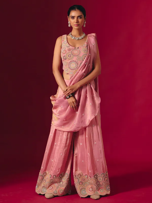 Pink silk designer embroidered palazzo suit with dupatta