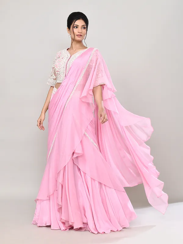 Pink silk designer lehenga choli with ruffle dupatta