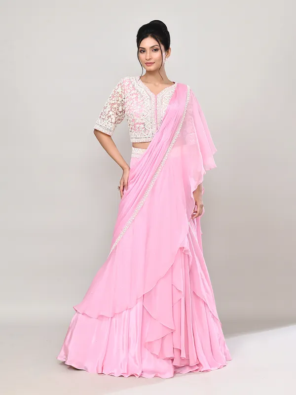 Pink silk designer lehenga choli with ruffle dupatta