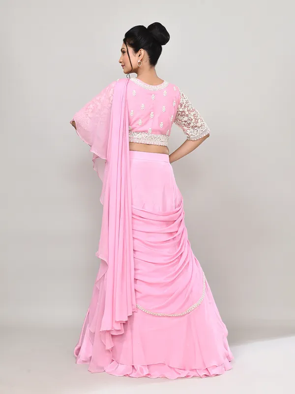 Pink silk designer lehenga choli with ruffle dupatta