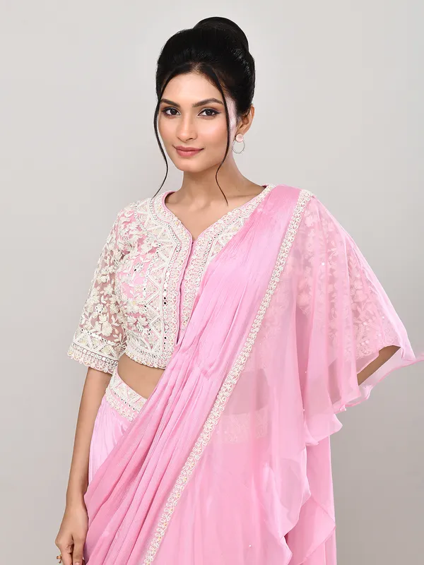 Pink silk designer lehenga choli with ruffle dupatta