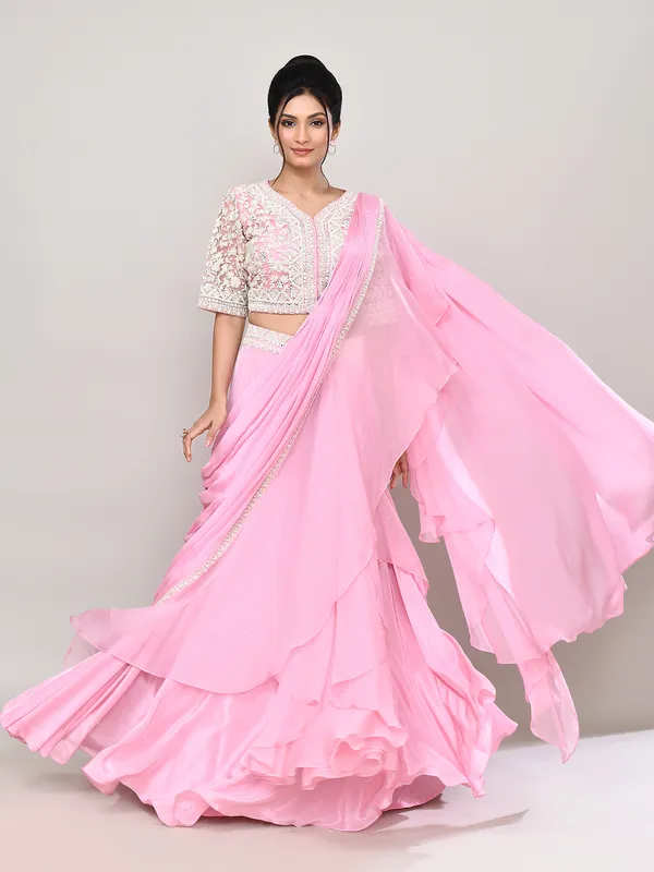 Pink silk designer lehenga choli with ruffle dupatta