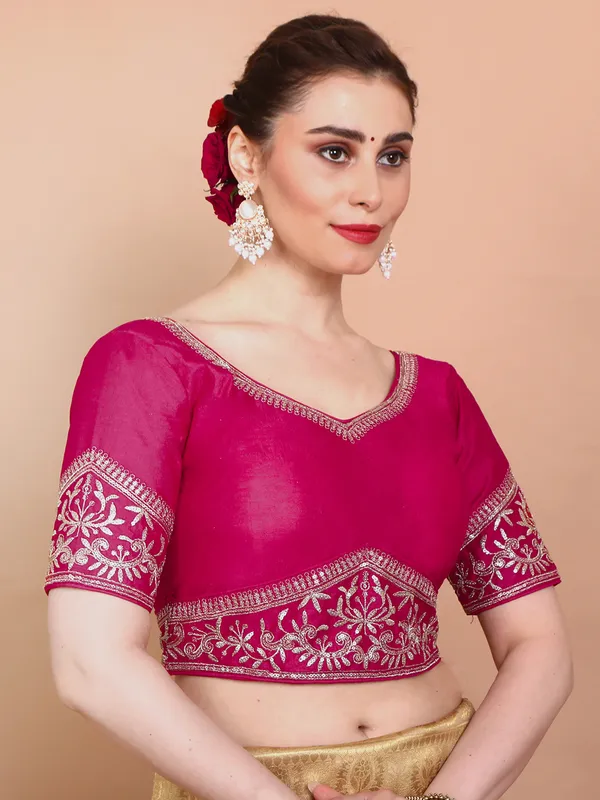 Pink silk embroidered ready made blouse