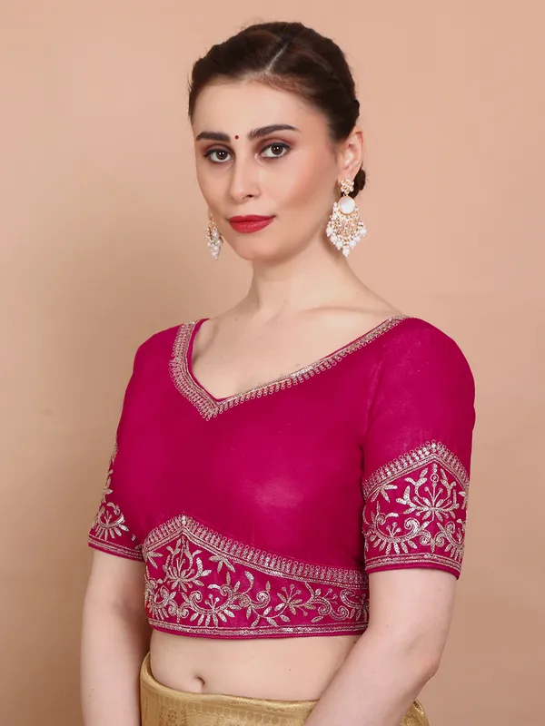 Pink silk embroidered ready made blouse