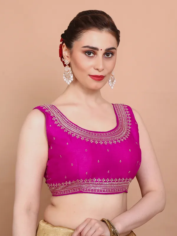 Pink silk embroidered sleeveless ready made alterable blouse