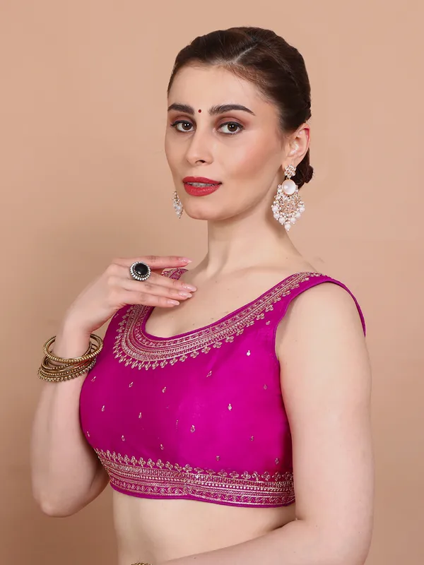 Pink silk embroidered sleeveless ready made alterable blouse
