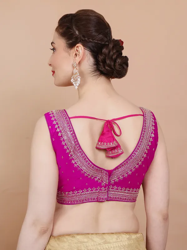 Pink silk embroidered sleeveless ready made alterable blouse