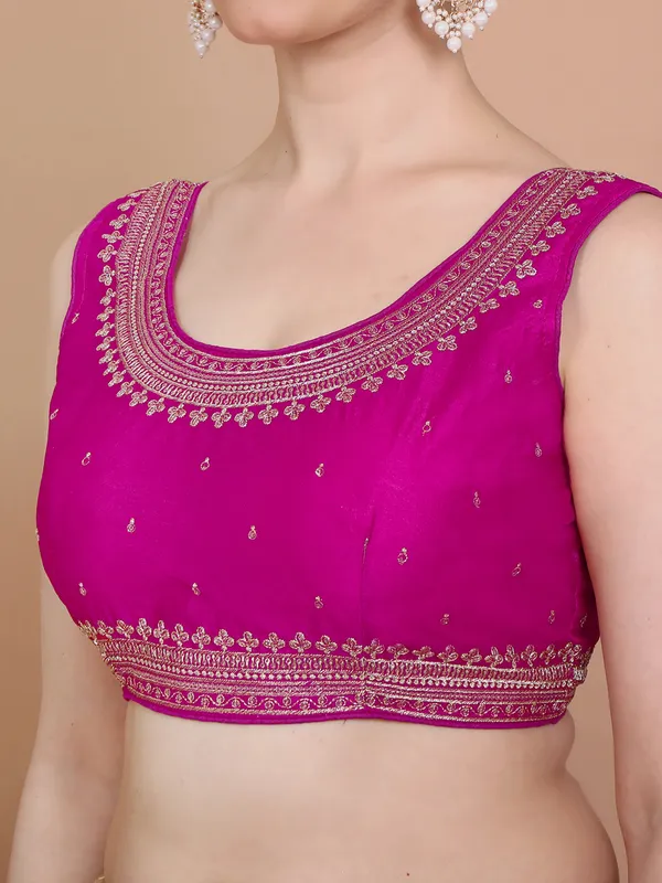 Pink silk embroidered sleeveless ready made alterable blouse
