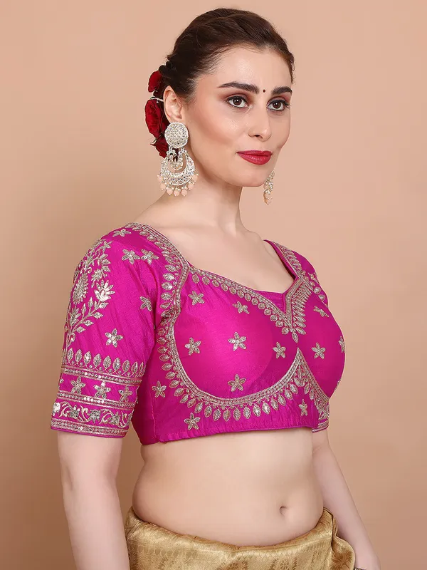 Pink silk embroidered ready made elbow sleeves blouse