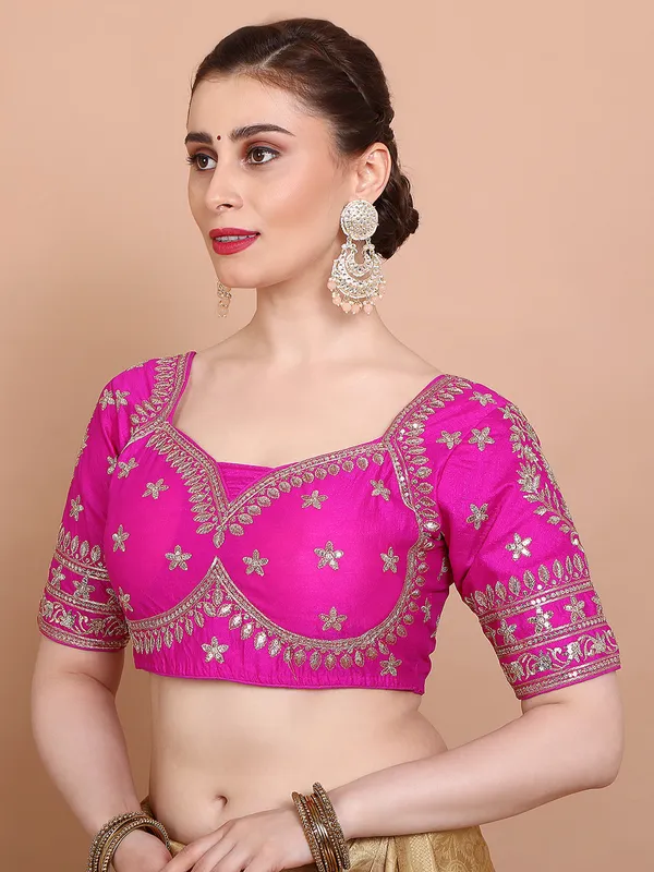 Pink silk embroidered ready made elbow sleeves blouse