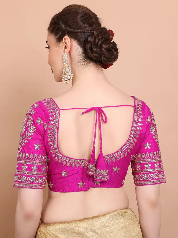 Pink silk embroidered ready made elbow sleeves blouse