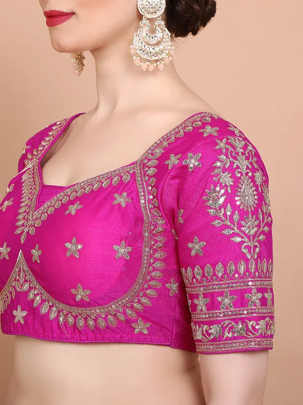 Pink silk embroidered ready made elbow sleeves blouse