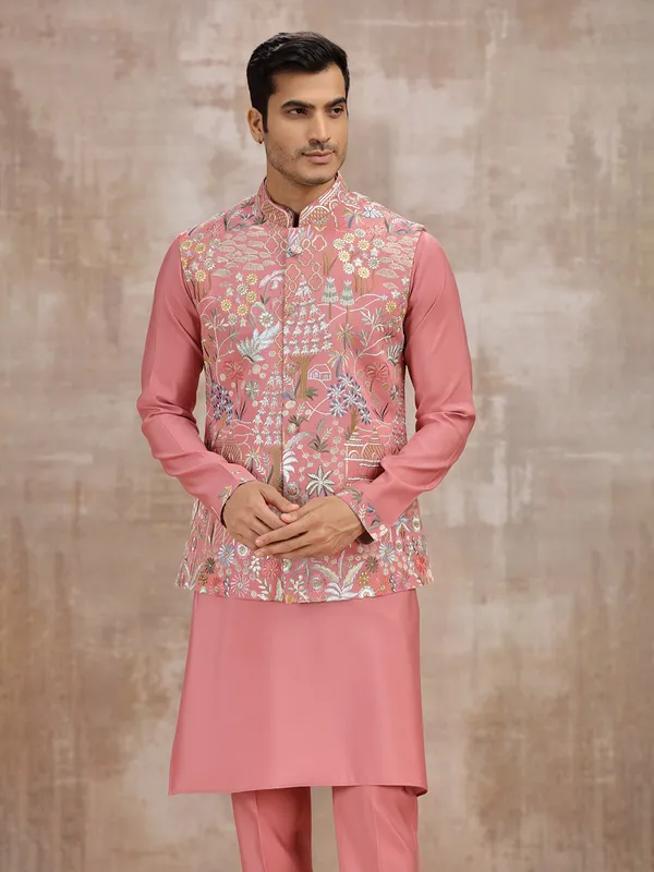 Pink silk embroidery worked wedding waistcoat set