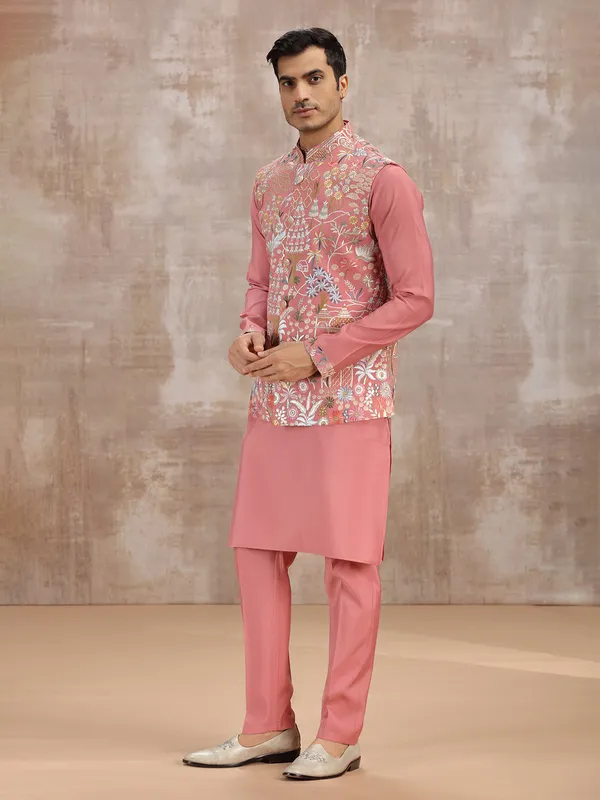 Pink silk embroidery worked wedding waistcoat set