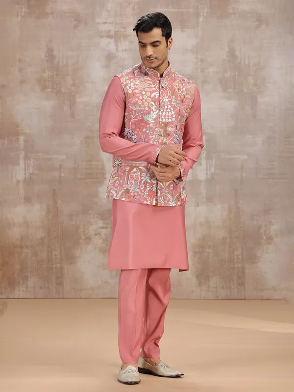Pink silk embroidery worked wedding waistcoat set