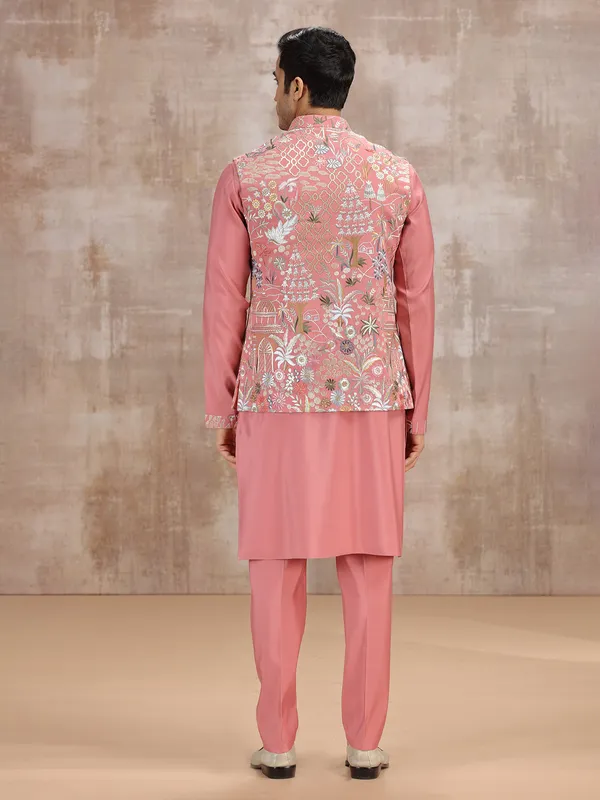 Pink silk embroidery worked wedding waistcoat set