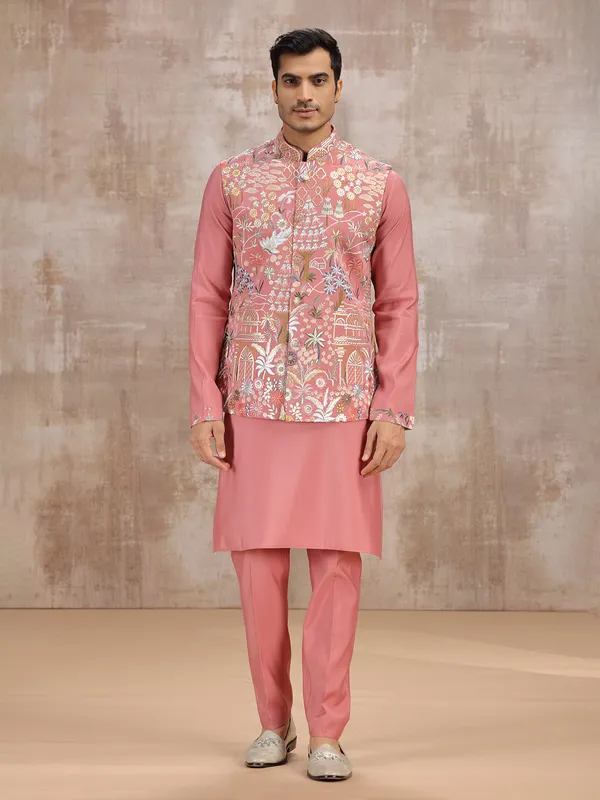 Pink silk embroidery worked wedding waistcoat set
