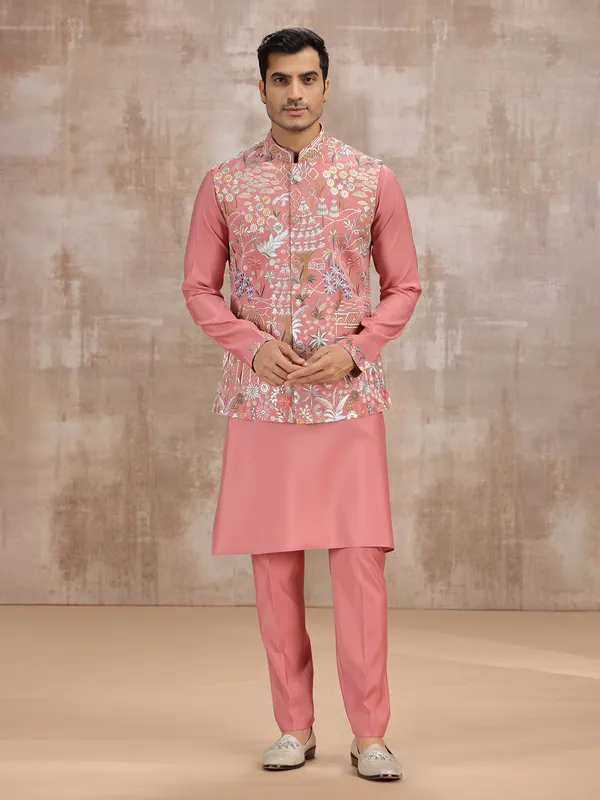 Pink silk embroidery worked wedding waistcoat set