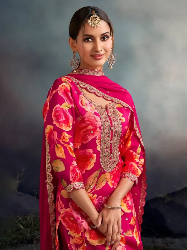 Pink silk festive floral palazzo kurti set
