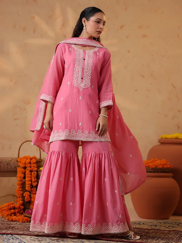 Pink silk festive sharara set with embroidery embellishments