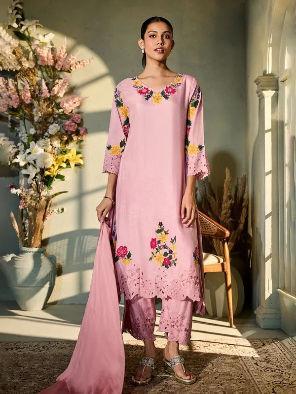 Pink silk festive wear kurti set with embroidery