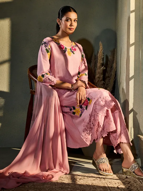 Pink silk festive wear kurti set with embroidery