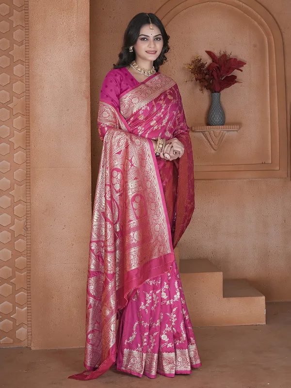 Pink silk festive wear saree with unstitched blouse