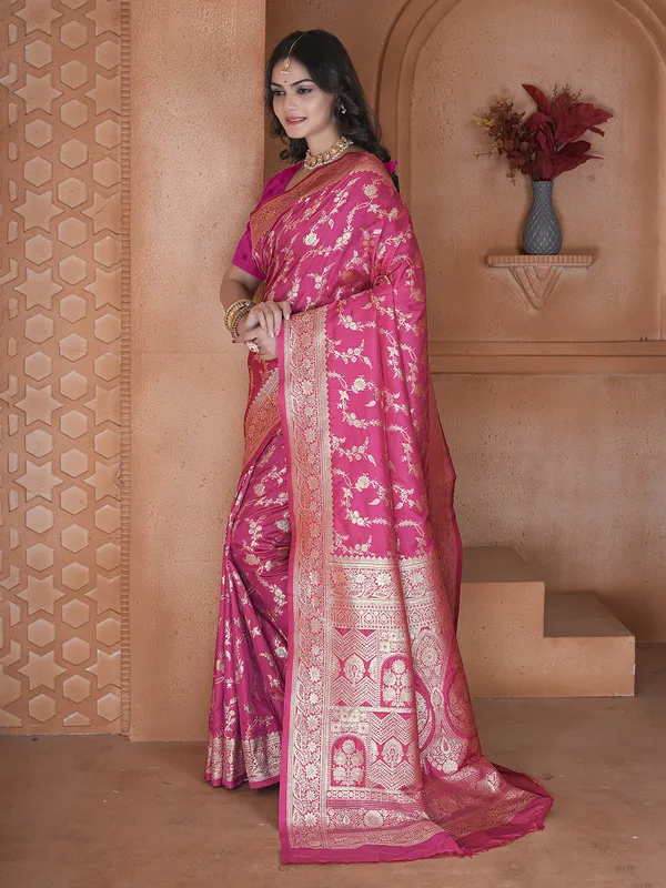 Pink silk festive wear saree with unstitched blouse