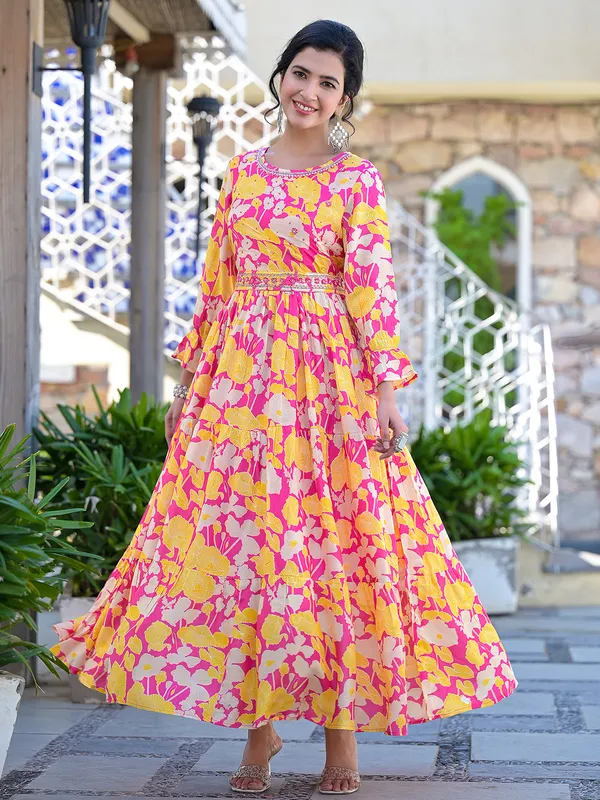 Pink silk floral printed long kurti