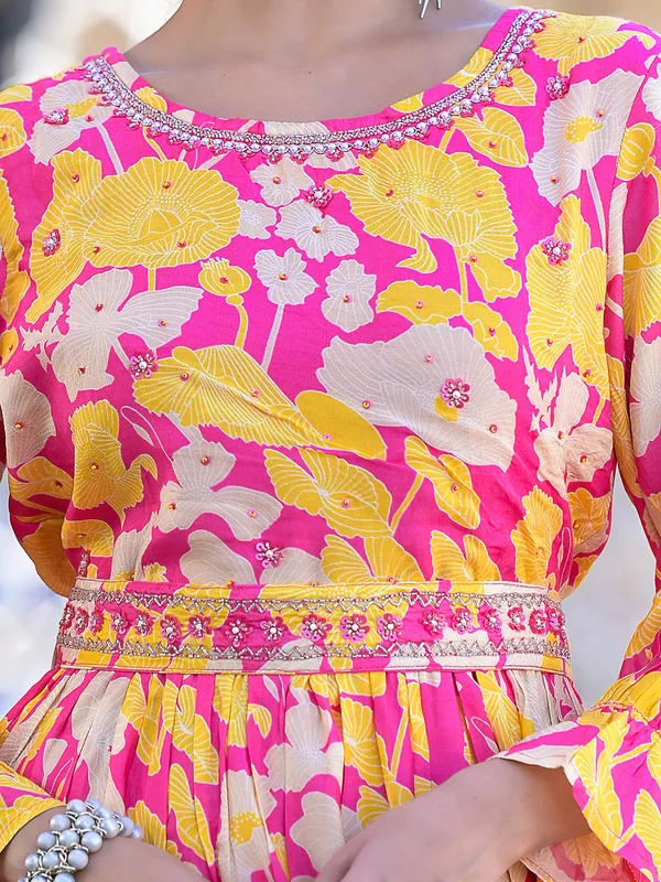 Pink silk floral printed long kurti