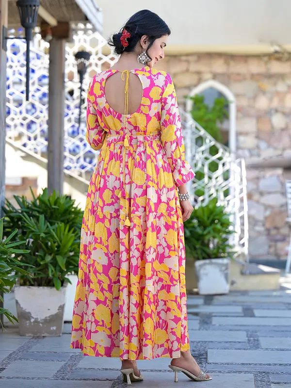 Pink silk floral printed long kurti