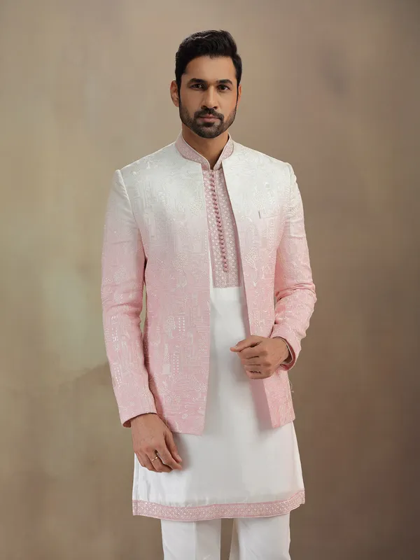 Pink silk indowestern set with rich embroidery