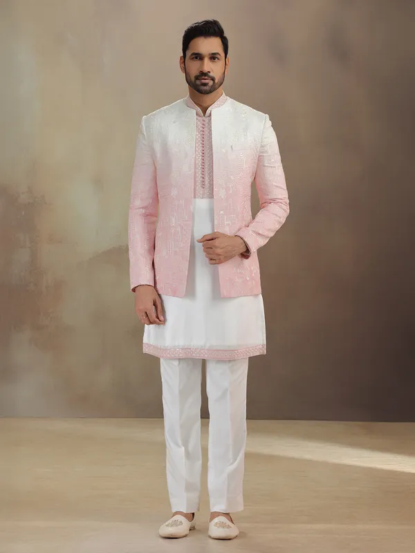 Pink silk indowestern set with rich embroidery