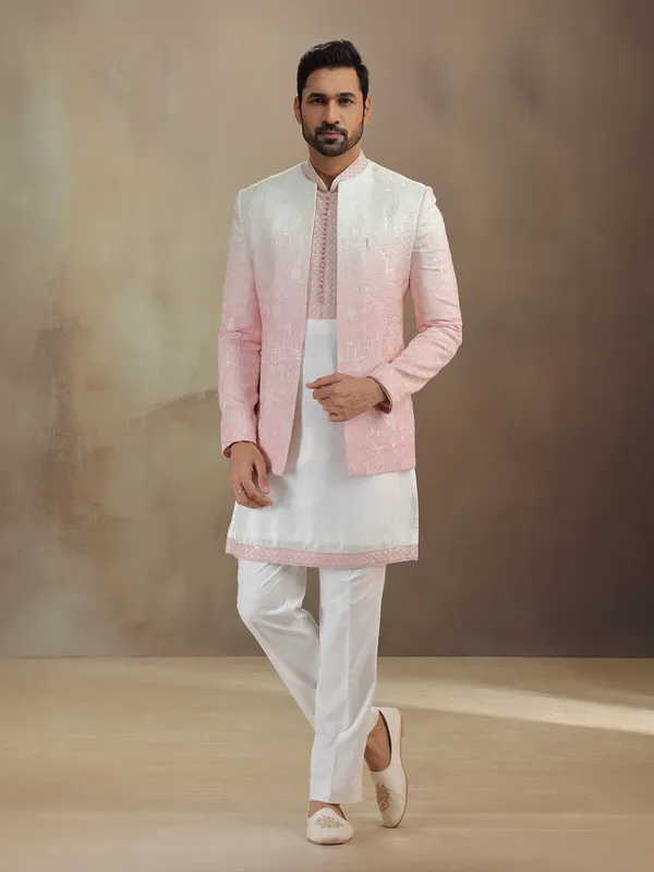 Pink silk indowestern set with rich embroidery