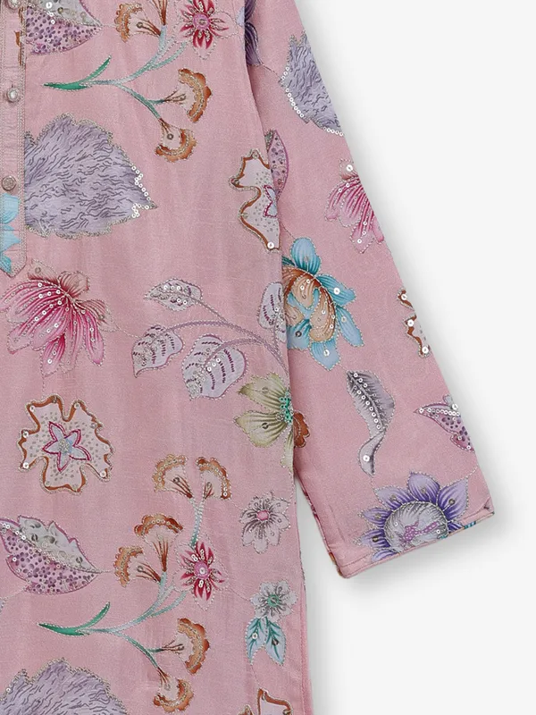 Pink silk kurta set for boys with floral print