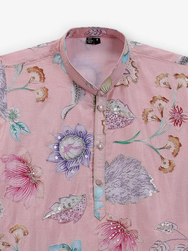 Pink silk kurta set for boys with floral print