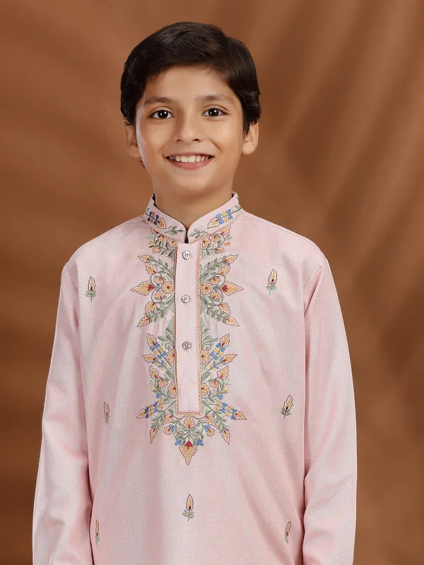 Pink silk Kurta suit with embroidered