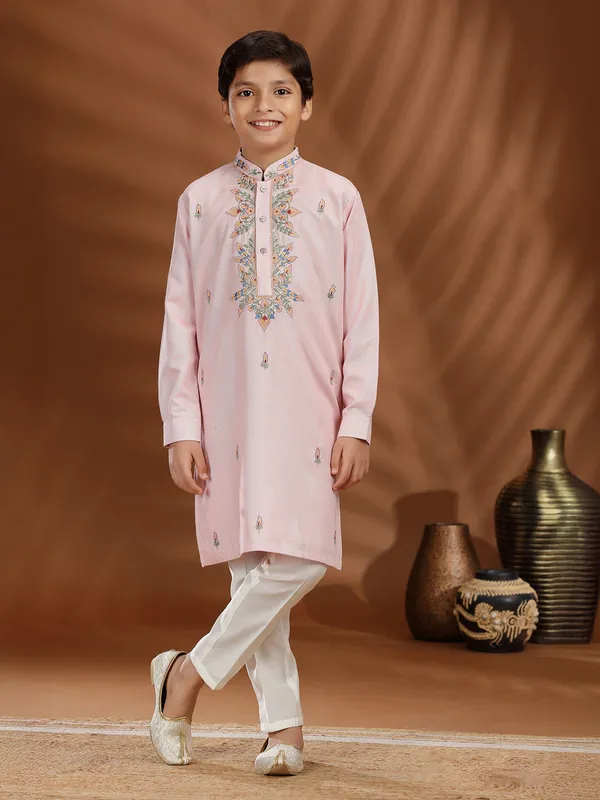 Pink silk Kurta suit with embroidered