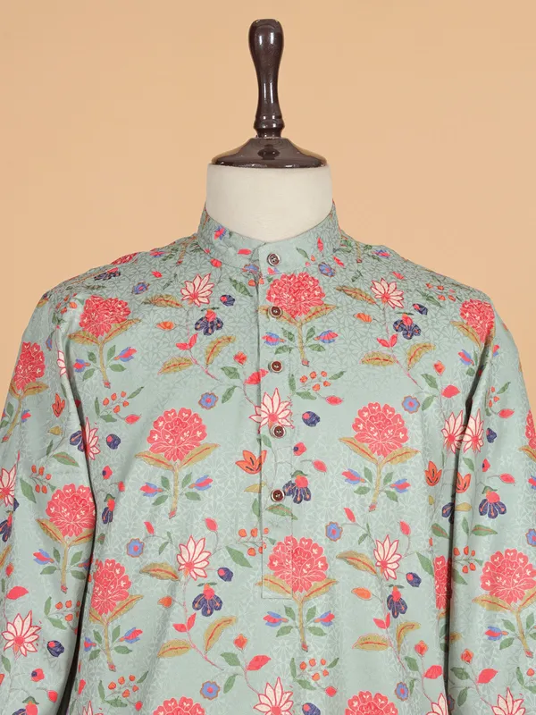Pink silk kurta suit with print for festive