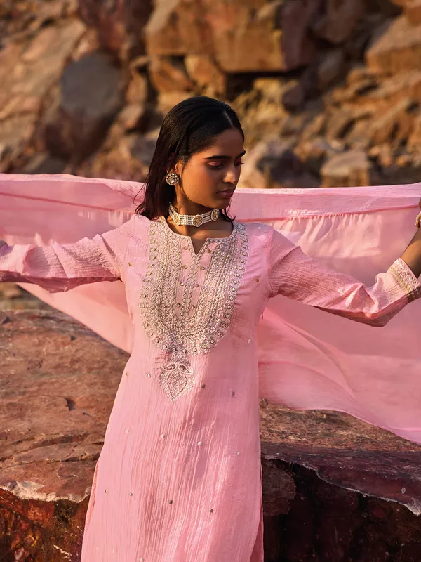 Pink silk kurti set with beads work with dupatta