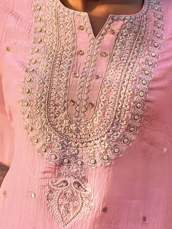 Pink silk kurti set with beads work with dupatta