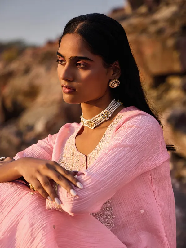 Pink silk kurti set with beads work with dupatta