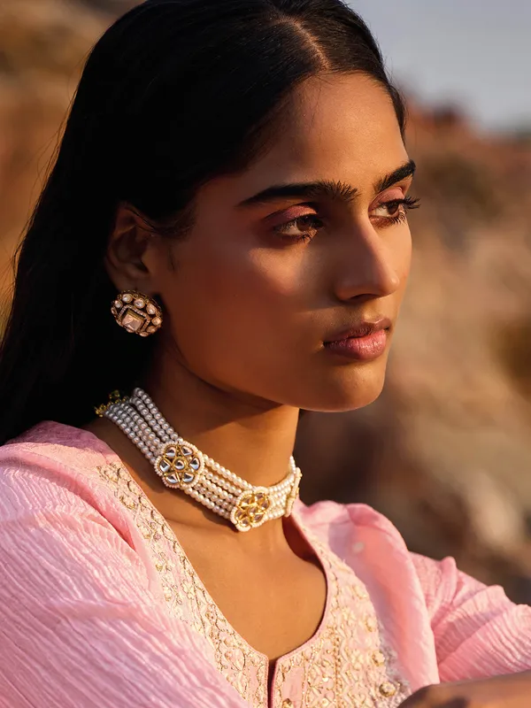 Pink silk kurti set with beads work with dupatta