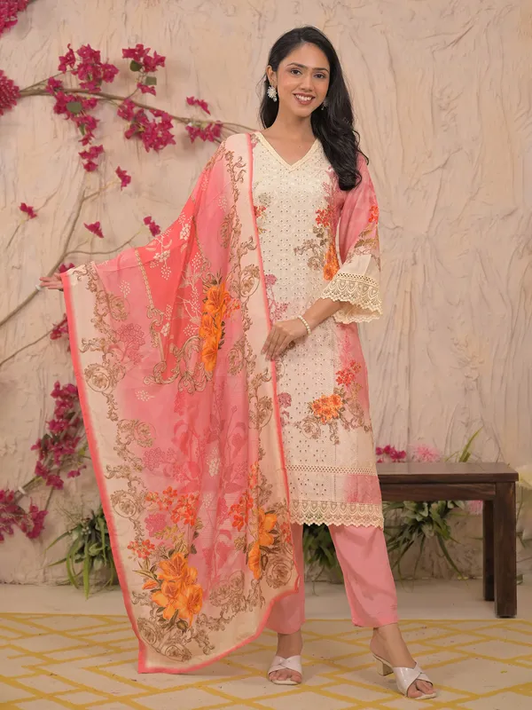 Pink silk kurti set with cutdana embellishment