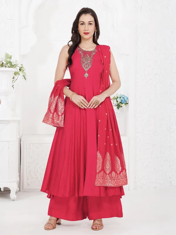 Pink silk palazzo kurti set with zari worked dupatta