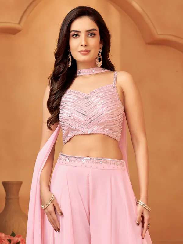 Pink silk palazzo suit with choker dupatta