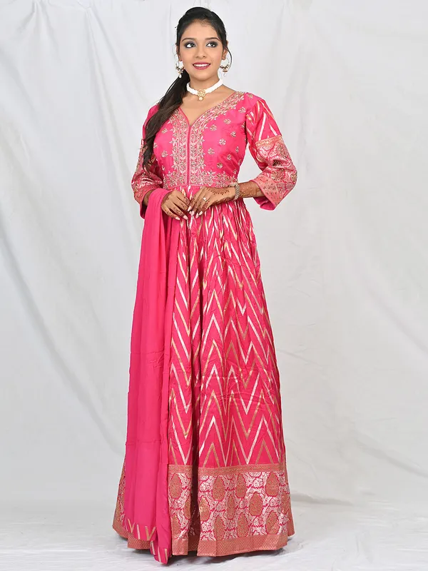 Pink silk printed anarkali suit for wedding