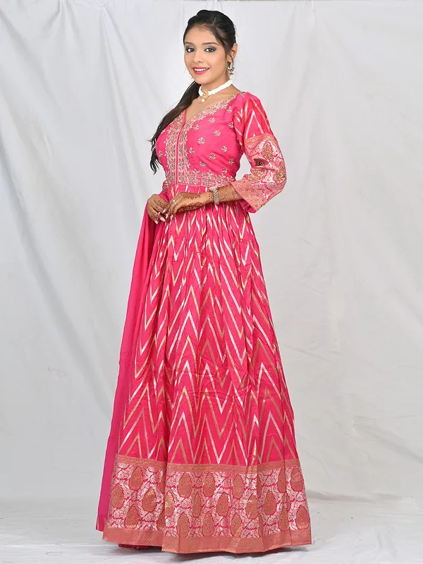 Pink silk printed anarkali suit for wedding